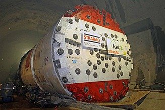 Large tunnel boring machine (TBM) used for mechanised tunnelling and underground works.
