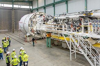 Large tunnel boring machine set up in a hall