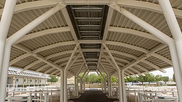 Covered stable and treatment area at the Al Shaqab Equine Veterinary Medical Centre, featuring a symmetrical steel structure, paved walkway, and horse stalls
