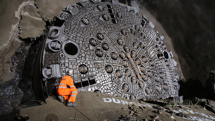 Tunnel boring machine (TBM) cutterhead at the KAT2 tunnel breakthrough of the Koralm Tunnel between Graz and Klagenfurt